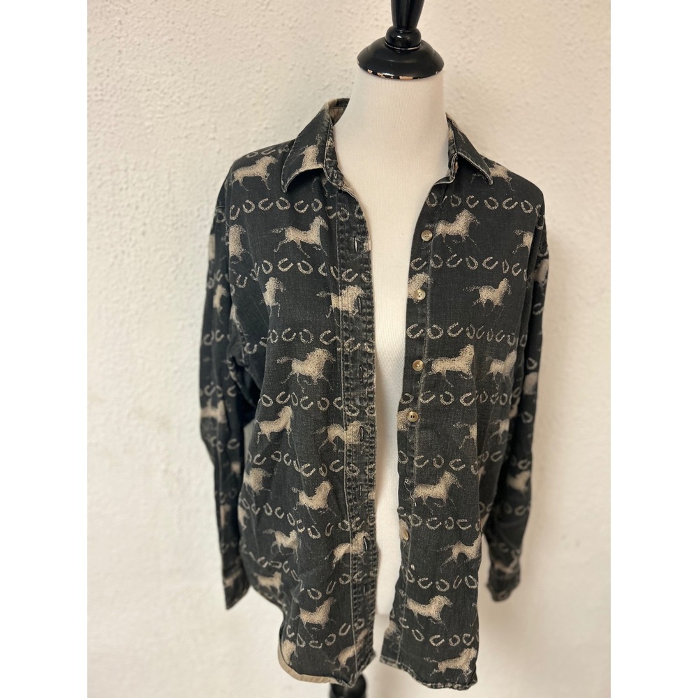 Coldwater Creek Black Denim Horse Horseshoe Print Button Down Shirt Women L